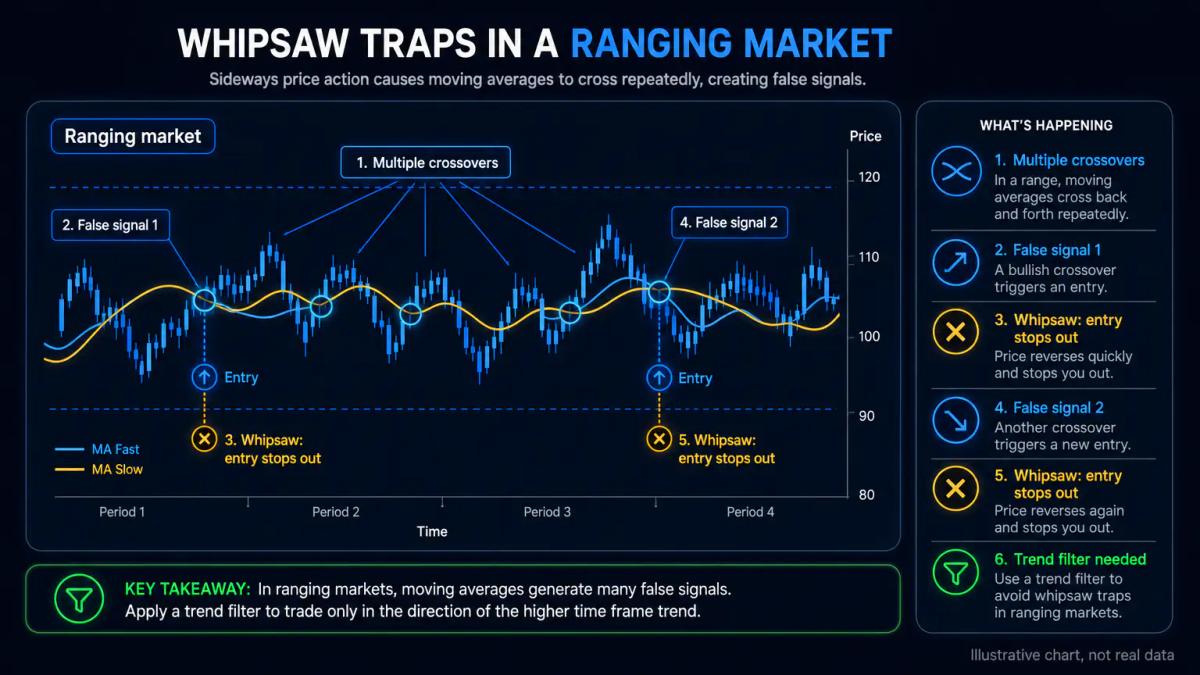 Choppy sideways price action with multiple moving average crossovers generating whipsaw trades in quick succession