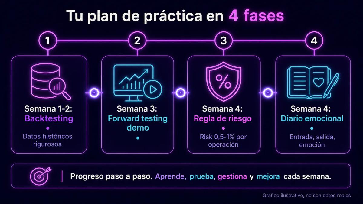 Cronograma de cuatro semanas con backtesting, forward testing, gestión de riesgo y diario emocional como hitos