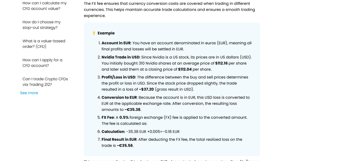 Artículo de ayuda de Trading 212 que detalla spreads, swaps y conversión de divisa