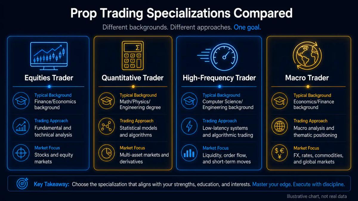 Four trading specializations displayed as distinct role cards with background, strategy and typical hours
