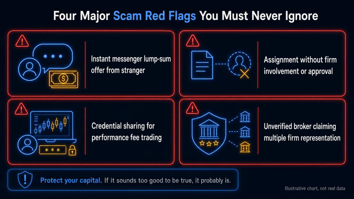 Warning symbols marking four common account transfer scam tactics: instant messenger offer, unauthorized assignment, credenti