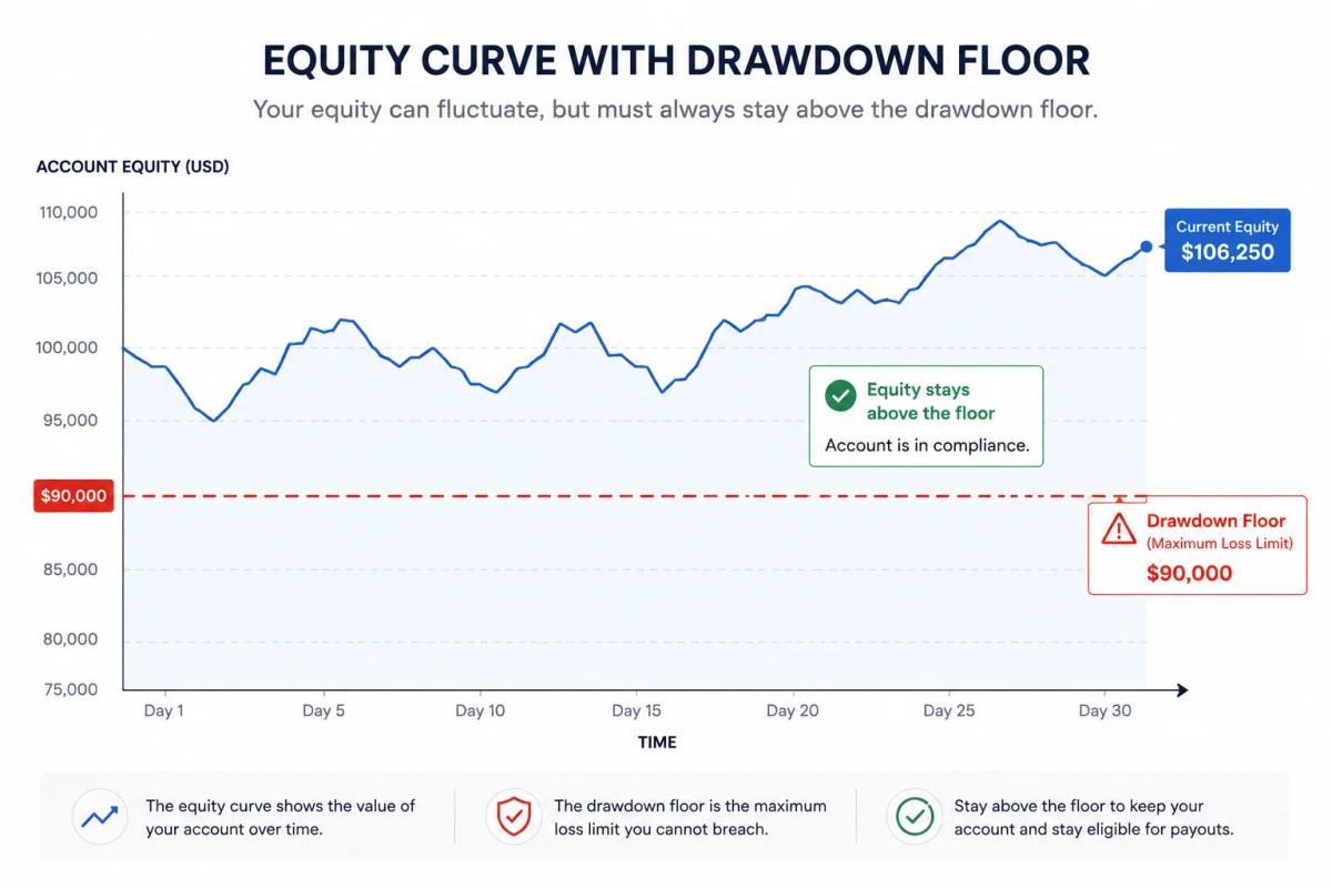 Equity curve showing prop firm drawdown limit as a floor line on a funded trading account