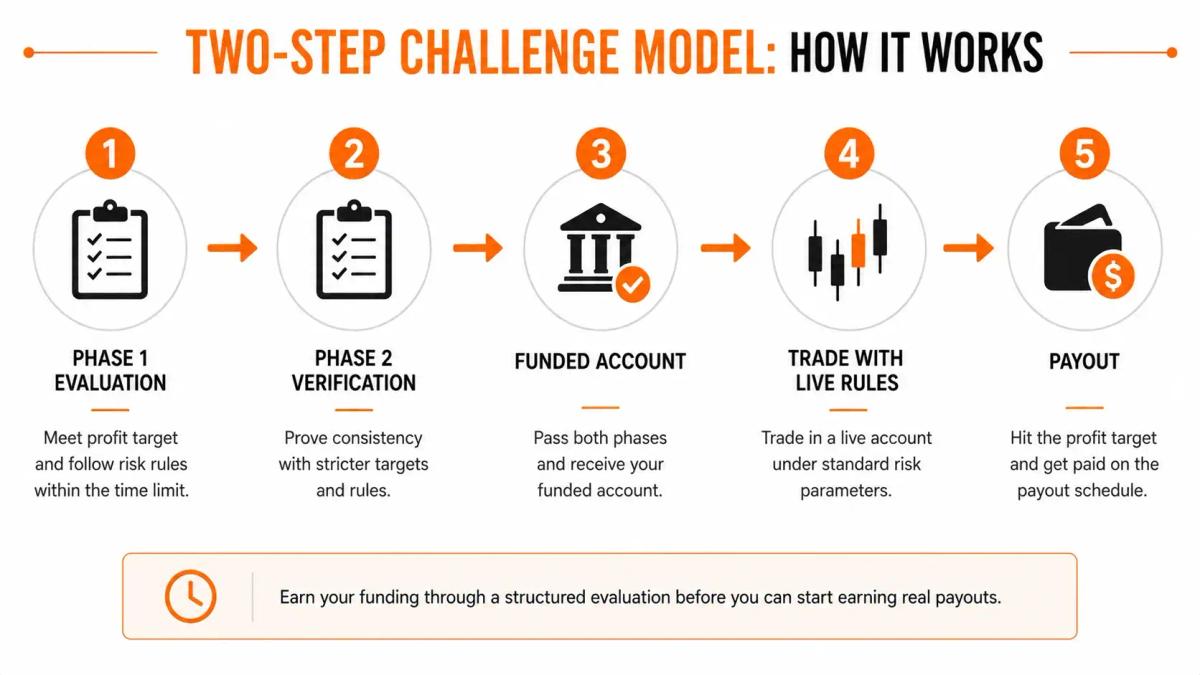 How a two-step challenge prop firm evaluation process works: flow diagram