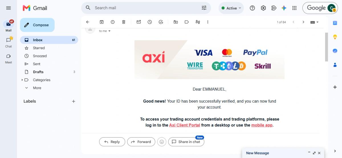 Axi live account KYC verification approved confirmation