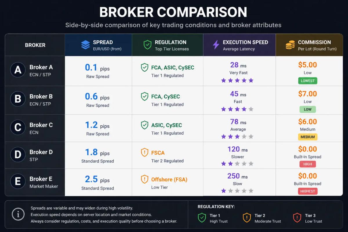 Forex broker comparison metrics grid showing spread, regulation, execution and commission columns