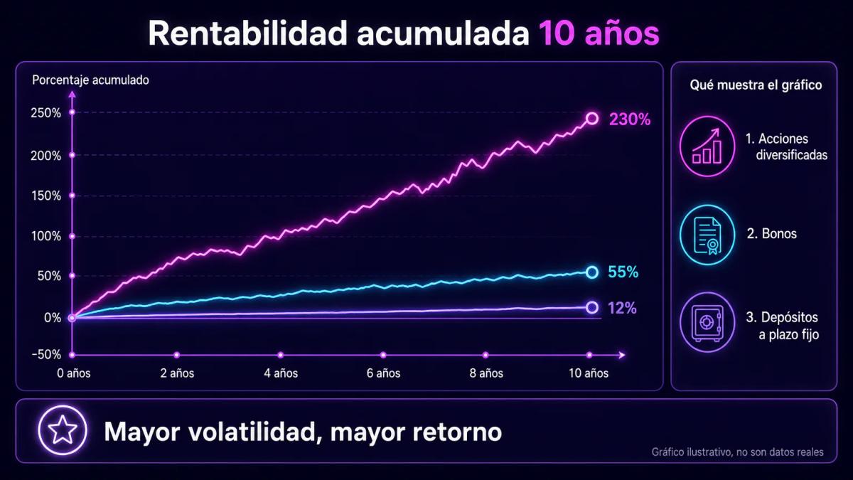 Gráfico comparativo de rentabilidad acumulada de acciones versus bonos y depósitos a plazo fijo en 10 años
