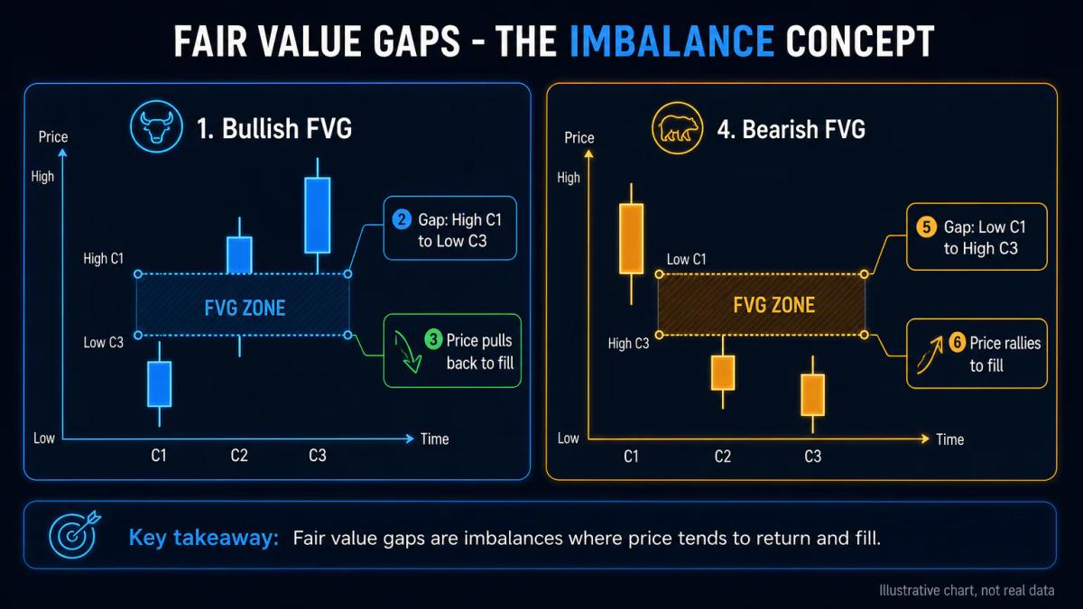 Two side-by-side candlestick patterns: bullish FVG with upward gap and bearish FVG with downward gap, both labeled