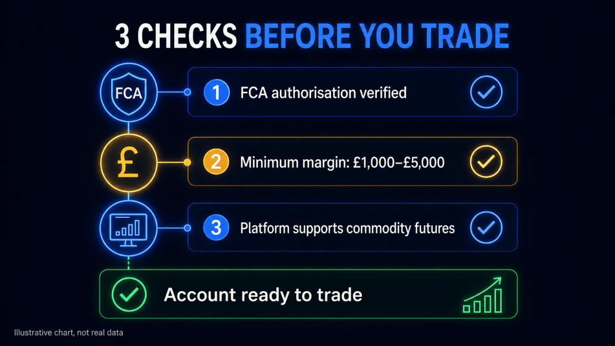 Broker account setup checklist with FCA authorisation badge and minimum margin requirement highlighted