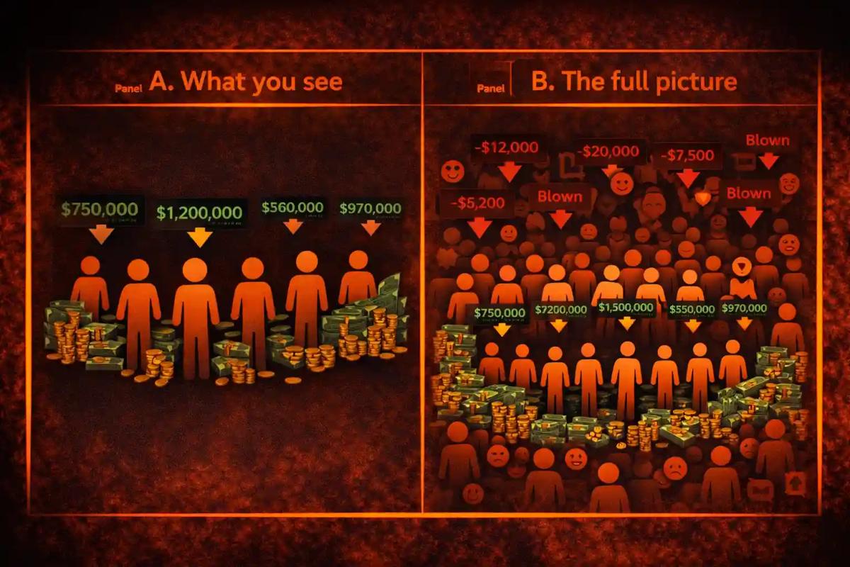 Two-panel comparison showing the distorted view of only successful traders versus the full picture including the majority who lost money