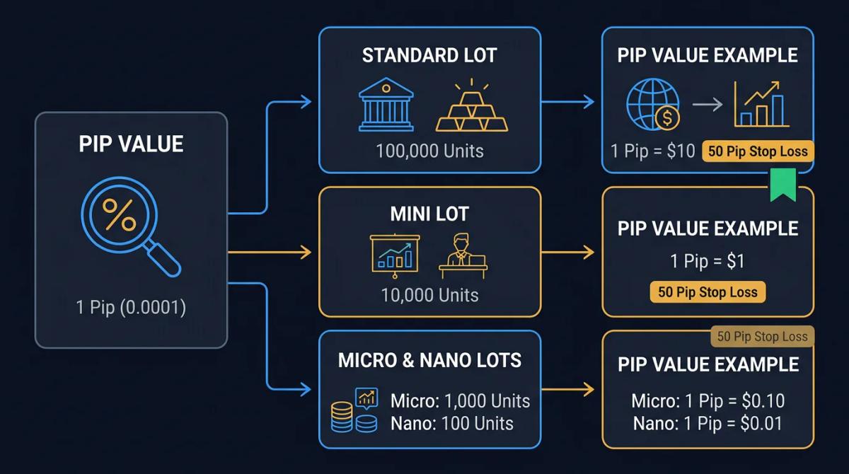 Table comparing pip values across standard, mini, and micro lot sizes