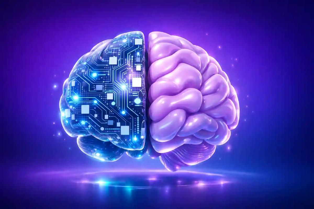 Cerebro abstracto en 3D con dualidad lógica-emocional integrada sobre fondo gradiente púrpura-azul marino