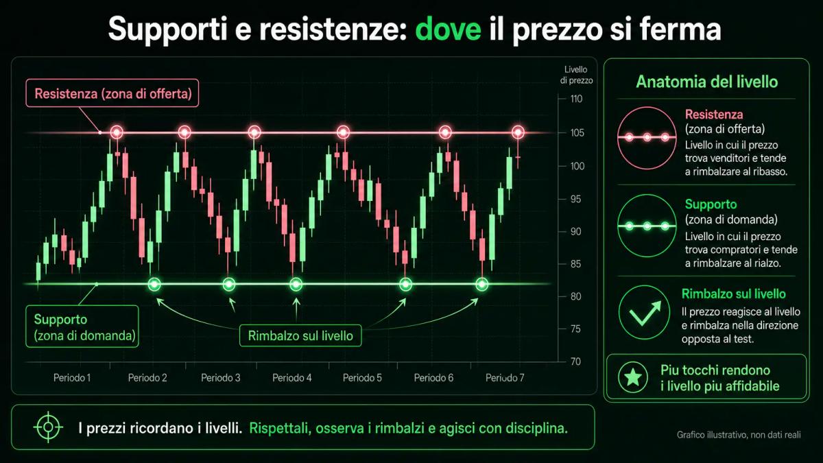Grafico illustrativo dei livelli di supporto e resistenza: il prezzo rimbalza tra la resistenza in alto e il supporto in basso, con un pannello che ne nomina le parti