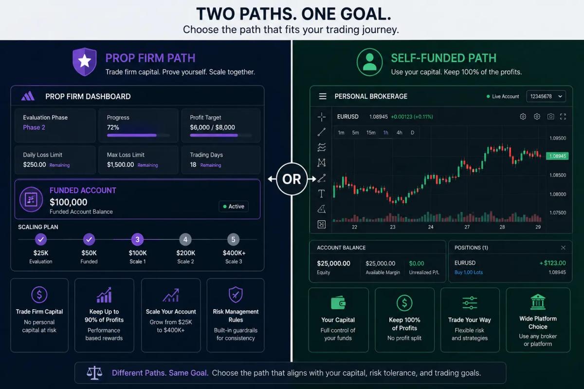 Prop firm vs self-funded trading comparison showing two distinct trader paths