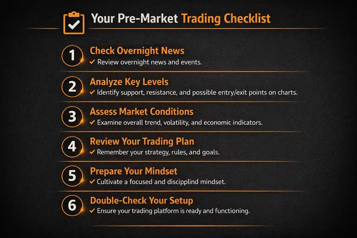 Printable pre-market trading checklist summary showing all six preparation steps