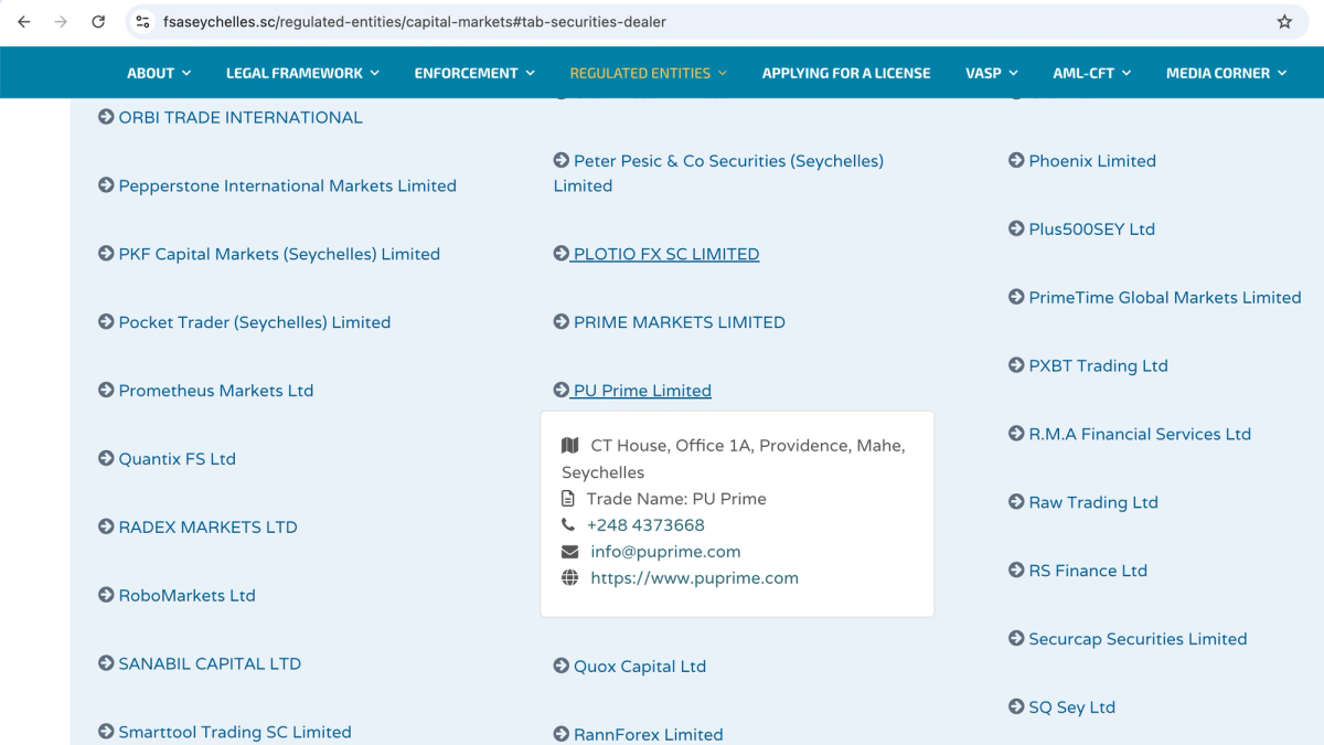 Registro FSA Seychelles che mostra PU Prime Ltd con licenza Securities Dealer SD050