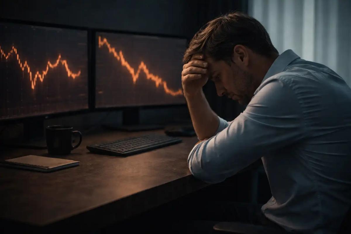 Trader sitting at a desk with multiple screens, reflecting on a recent trade with a look of quiet frustration