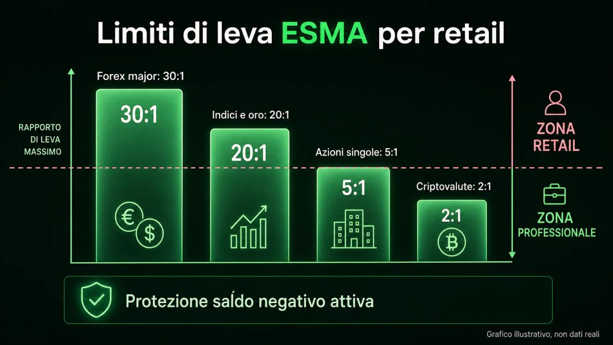 Confronto visivo dei cap di leva ESMA per retail: forex 30:1, indici 20:1, azioni 5:1, crypto 2:1