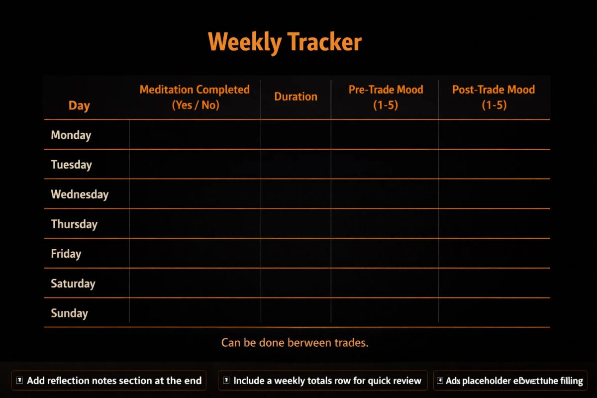 Weekly meditation and mood tracking template for traders with columns for completion, duration, and mood ratings