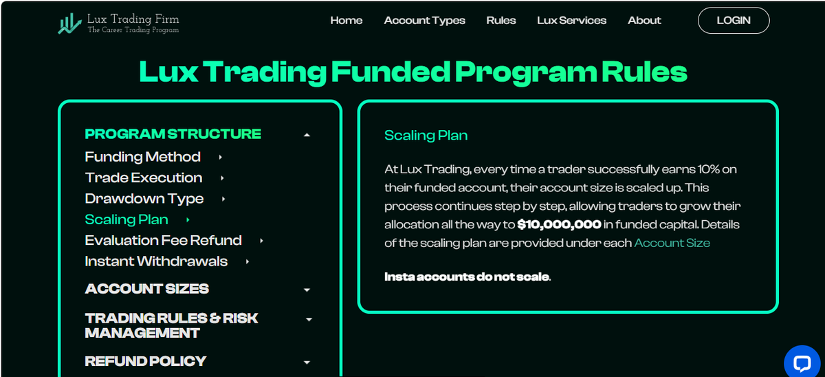 Sezione pagamenti di Lux con profit split per il trader e piano di scaling a livelli