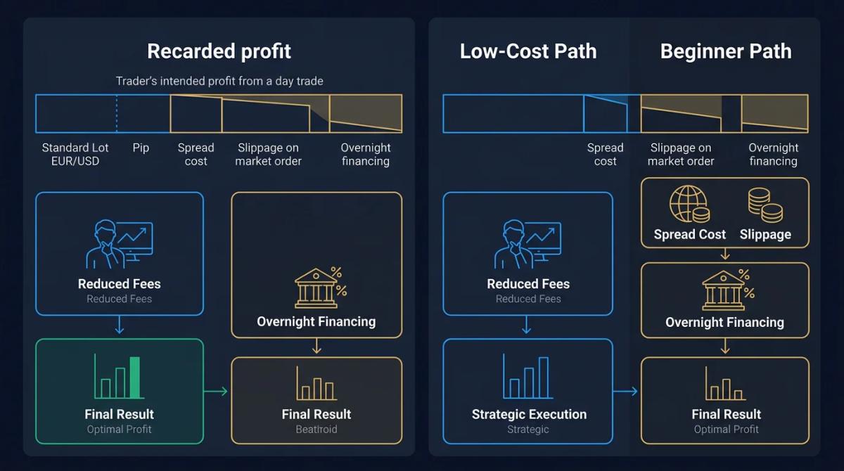 Breakdown of transaction costs: spread, slippage and overnight financing shown as three separate deductions from a single tra