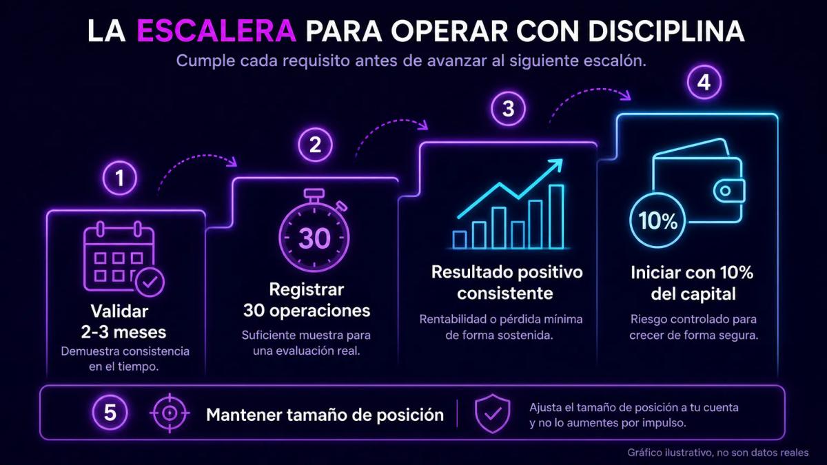 Escalera de transición: 2-3 meses de validación virtual, 30 operaciones registradas, resultado positivo, luego inicio con 10%
