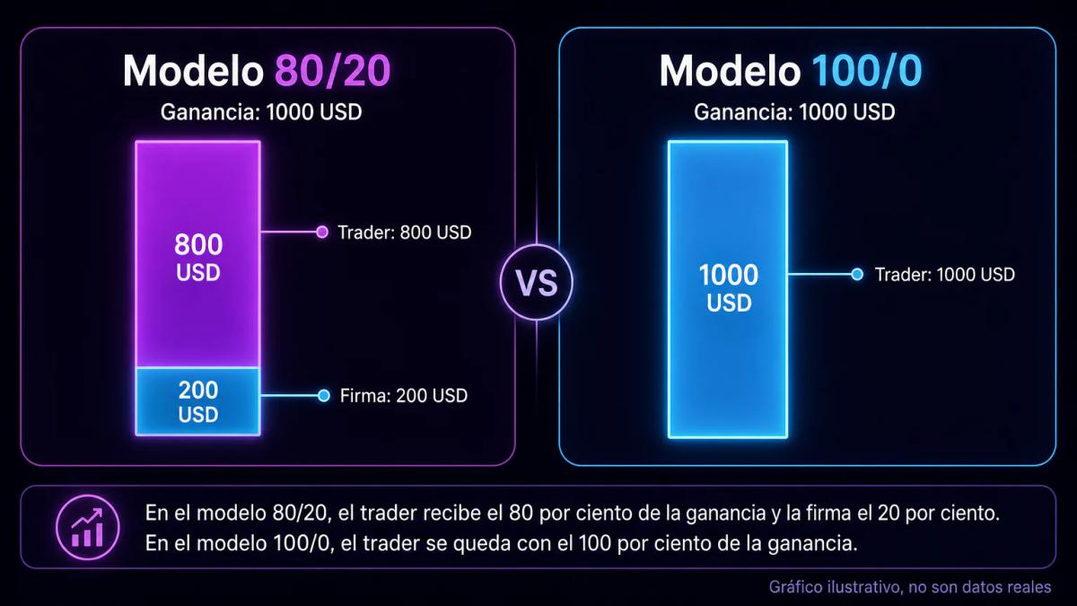 Comparación visual de dos modelos de profit split: 80/20 y 100/0, mostrando cómo se distribuyen 1000 USD de ganancia