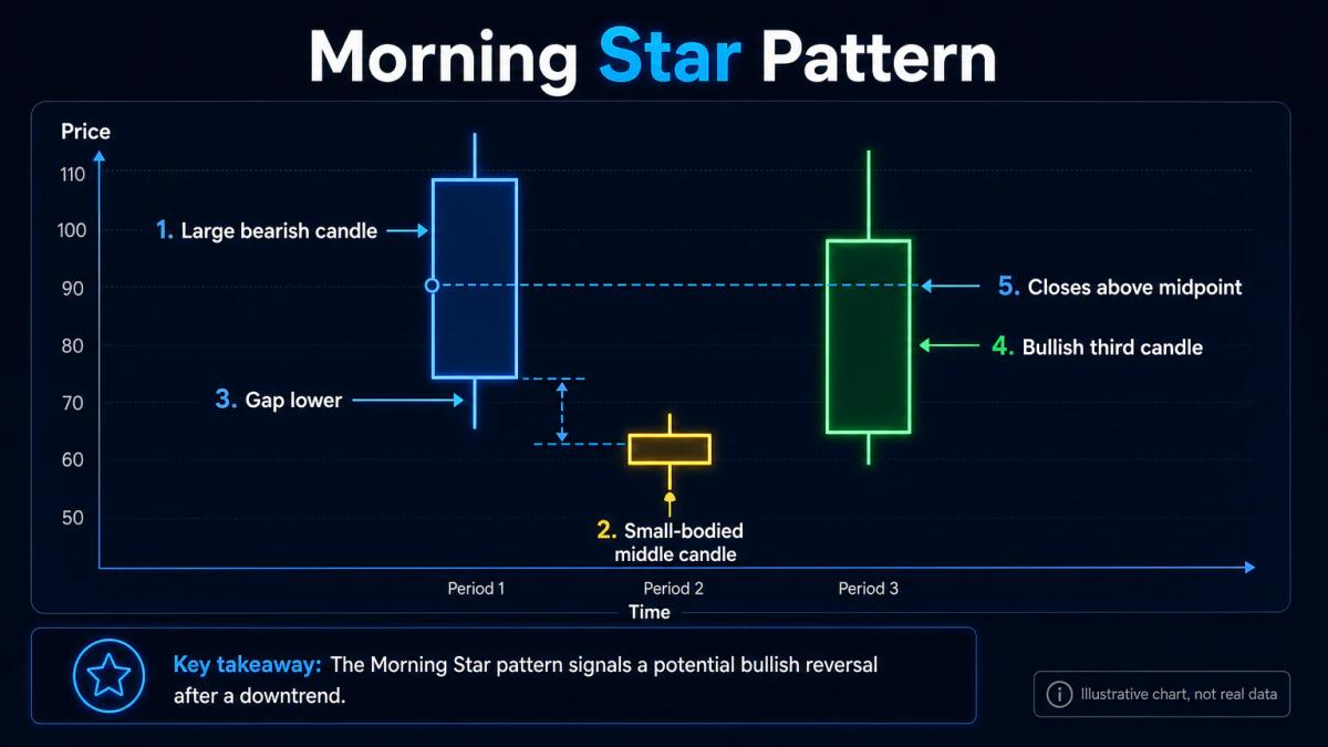 Anatomy of a morning star pattern with labels for the three candles, gap, and key price levels