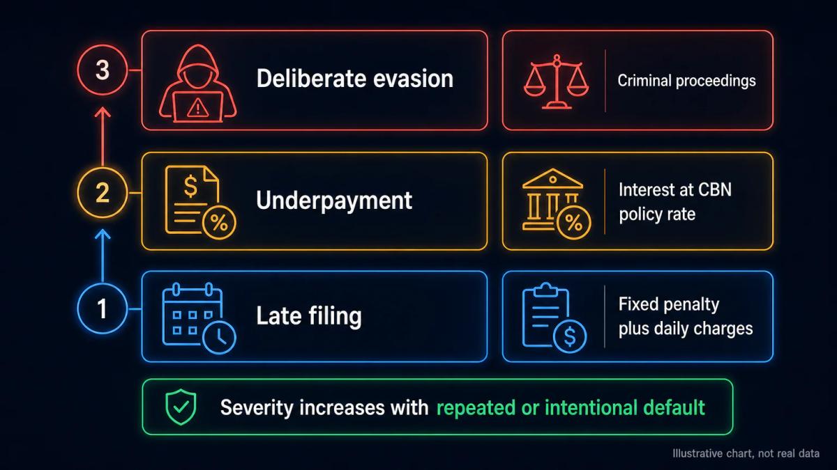 Penalty escalation chart showing late filing, underpayment, and evasion consequences with increasing severity
