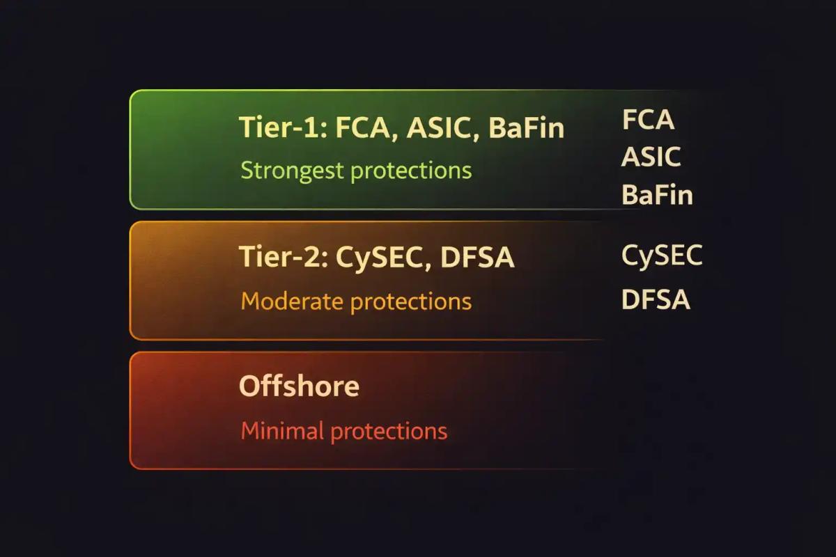 Tier chart comparing CFD regulator levels from Tier-1 FCA ASIC BaFin to offshore with investor protection ratings