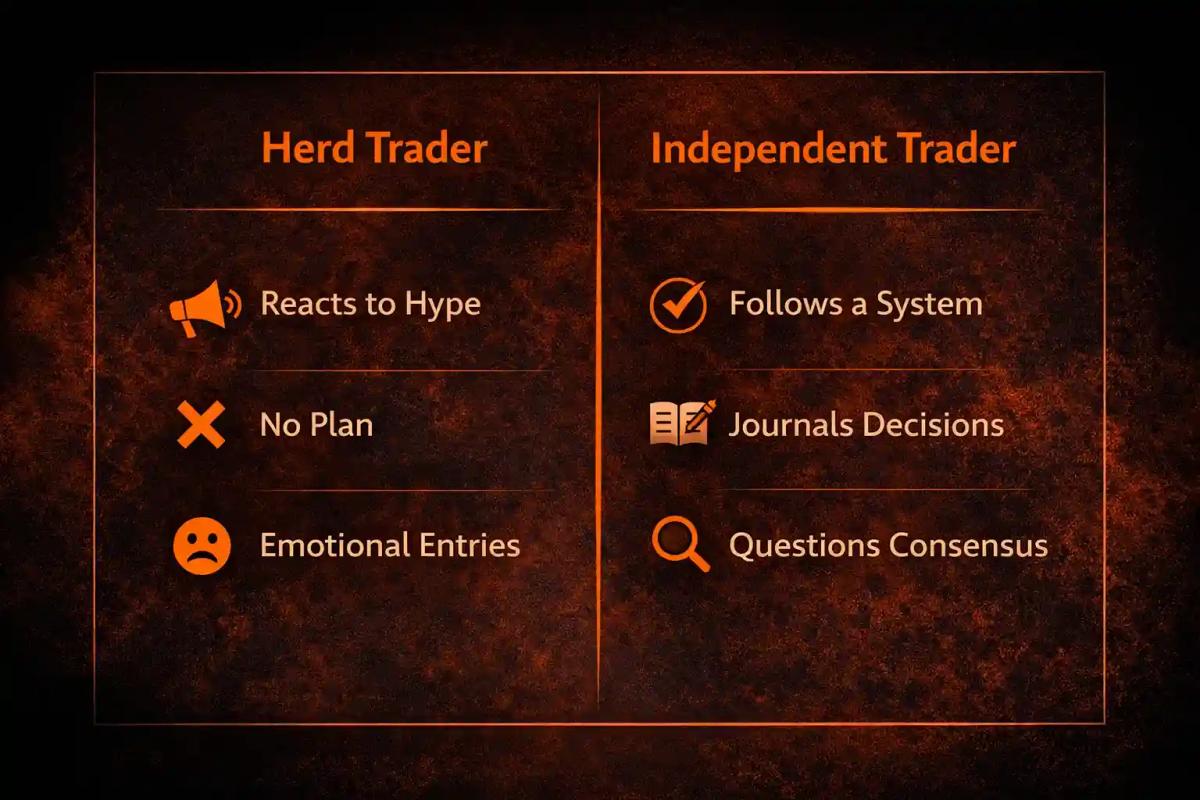 Side-by-side comparison of herd trader behaviors versus independent trader behaviors showing the difference between reactive and systematic trading approaches
