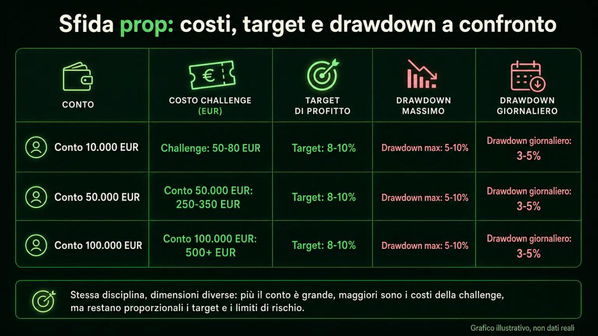 Tabella con costi di challenge, target di profitto e drawdown massimo per tre dimensioni di conto