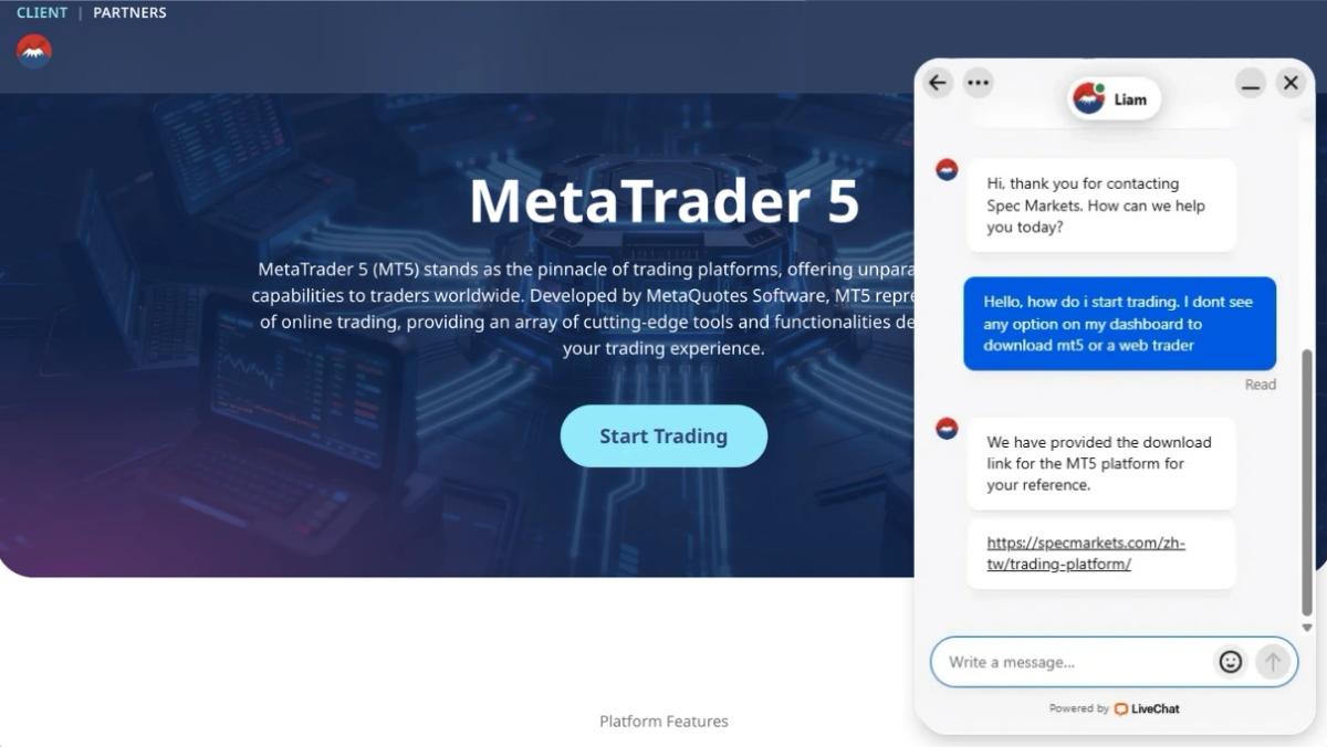 The Spec Markets live chat answered by a human agent who sends the MetaTrader 5 download link