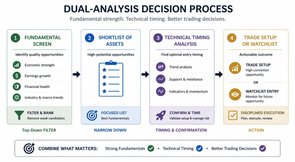 Diagram showing fundamental analysis filtering into technical analysis timing for a combined trading workflow