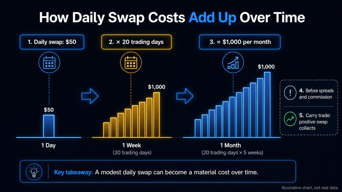 Cost accumulation chart showing daily negative swap multiplied over weeks to reveal total trading cost impact