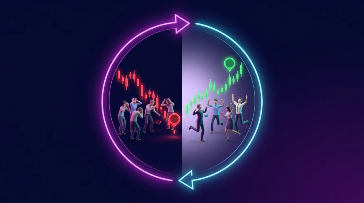 Ciclo visual de miedo y codicia con precios en extremos opuestos y sentimiento del mercado