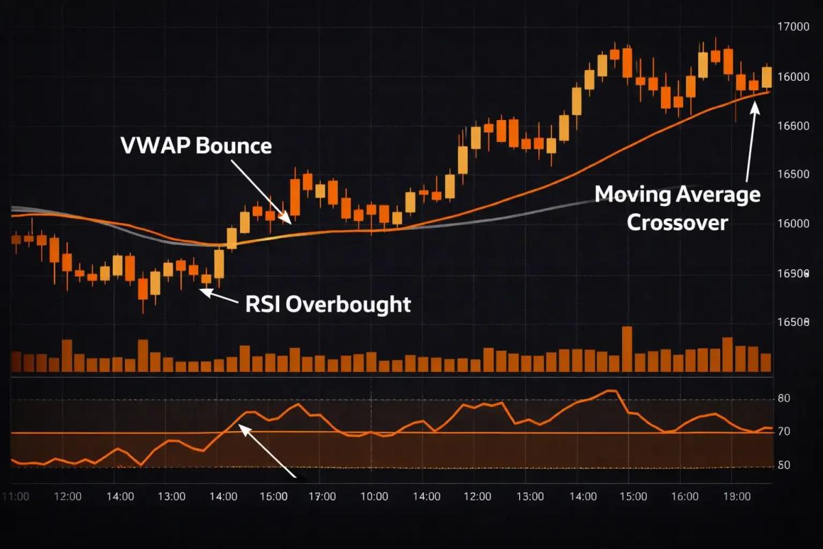Annotated intraday candlestick chart showing VWAP bounce RSI overbought zone and moving average crossover signals