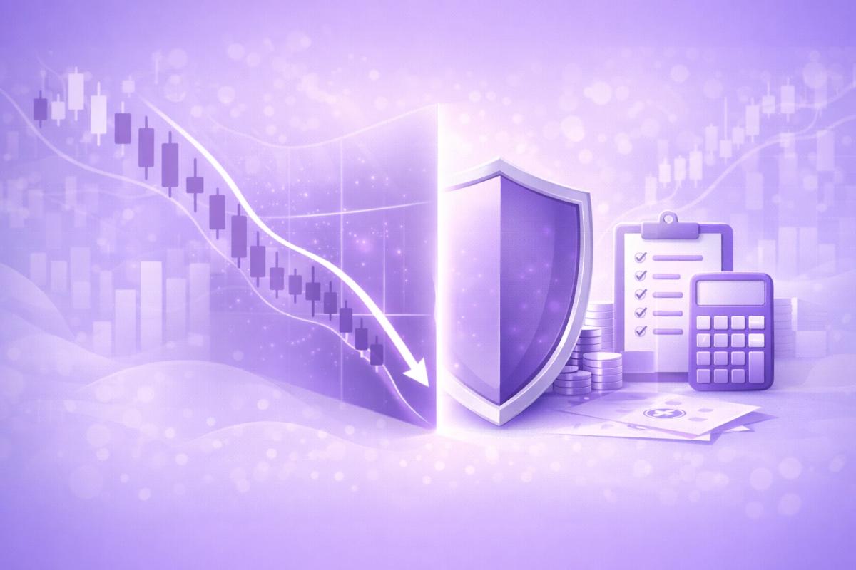 Gráfico de trading con línea de precio descendente y escudo visual que representa protección del capital