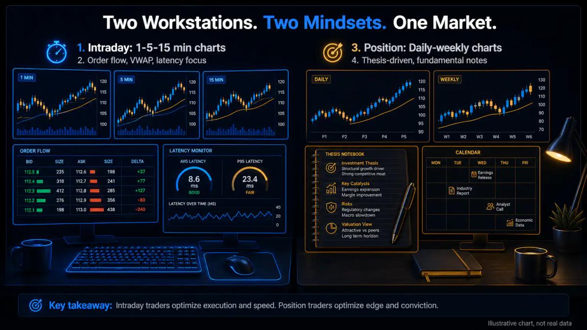 Comparison of two trading workstations: intraday setup with 1-5-15 minute charts and order flow, position setup with daily an