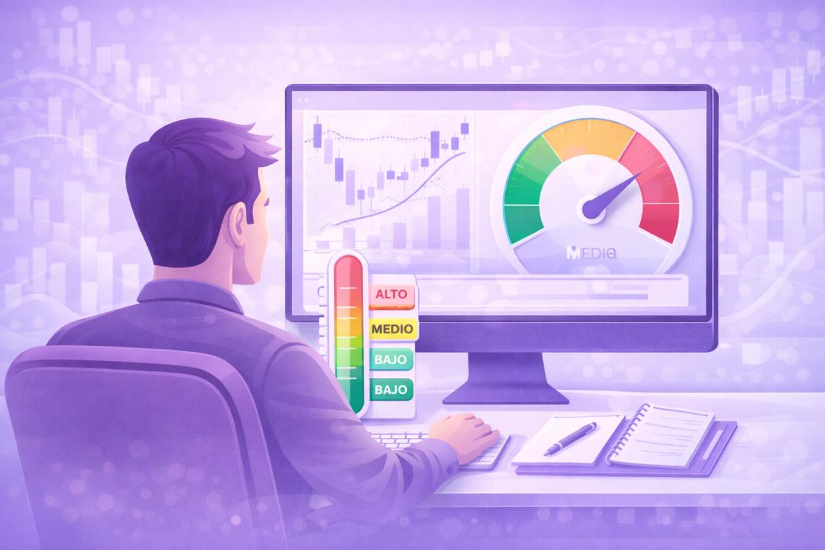 Trader evaluando su perfil de riesgo en su estación de trabajo