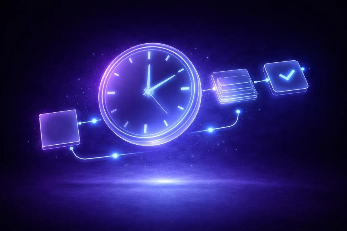 Reloj traslúcido flotante en espacio 3D con elementos geométricos secuenciales sobre fondo púrpura-azul marino