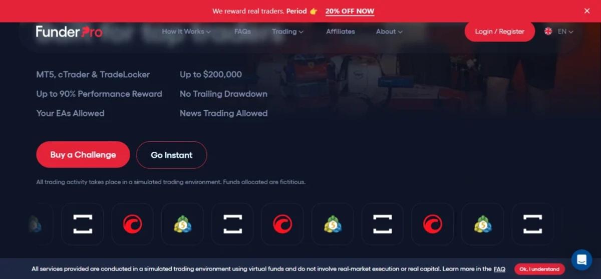 FunderPro trading platforms page showing MT5, cTrader, and TradeLocker options with available instruments