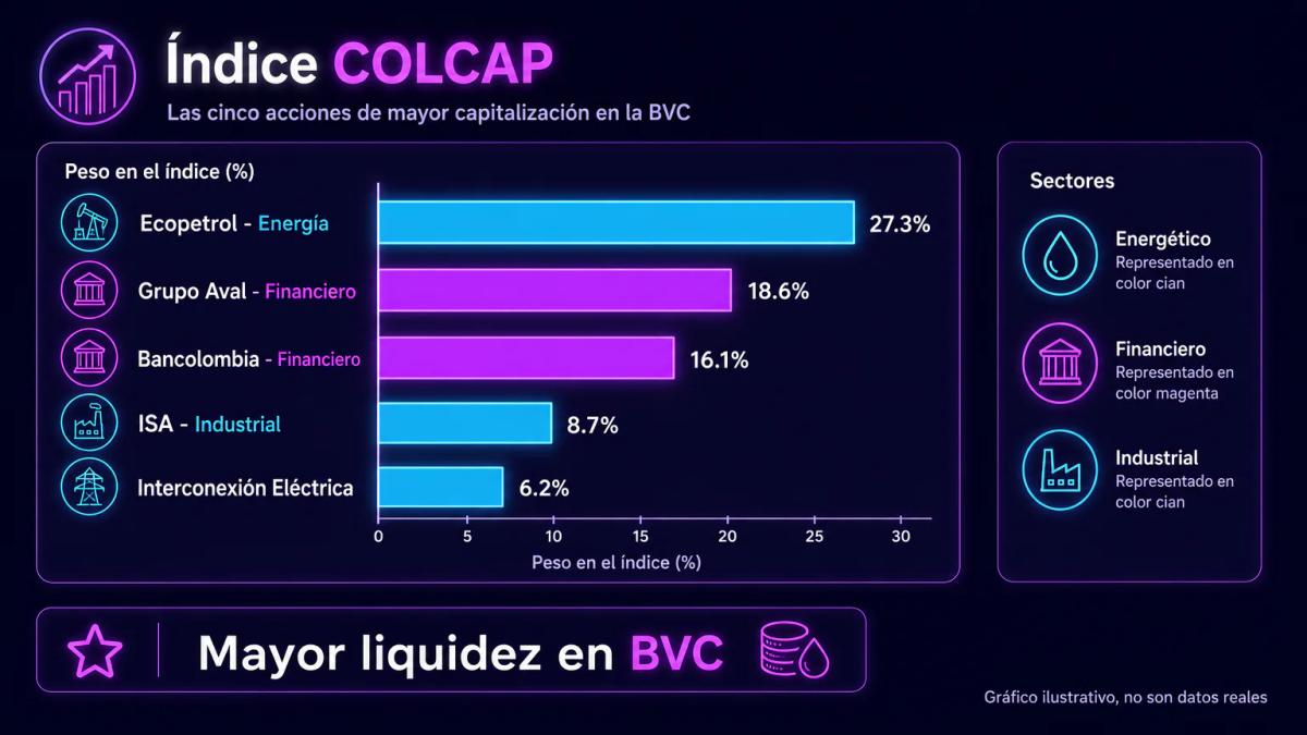 Índice COLCAP con las cinco acciones principales: Ecopetrol, Grupo Aval, Bancolombia, ISA e Interconexión Eléctrica