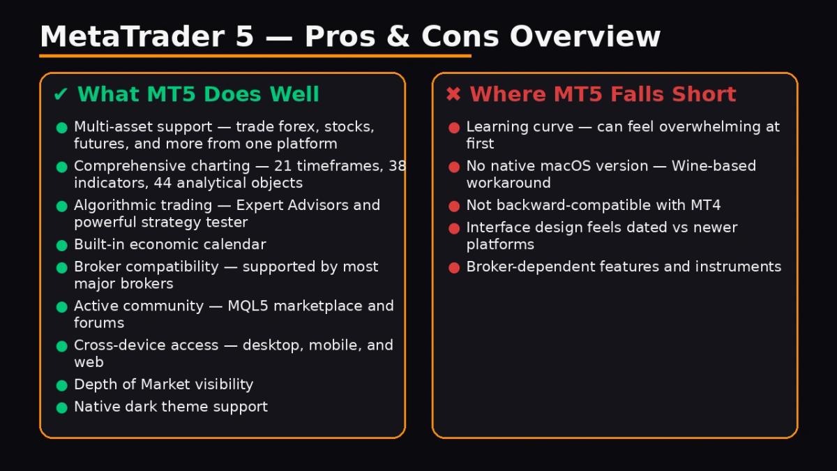 MetaTrader 5 pros and cons summary with green checkmarks for advantages and red crosses for disadvantages