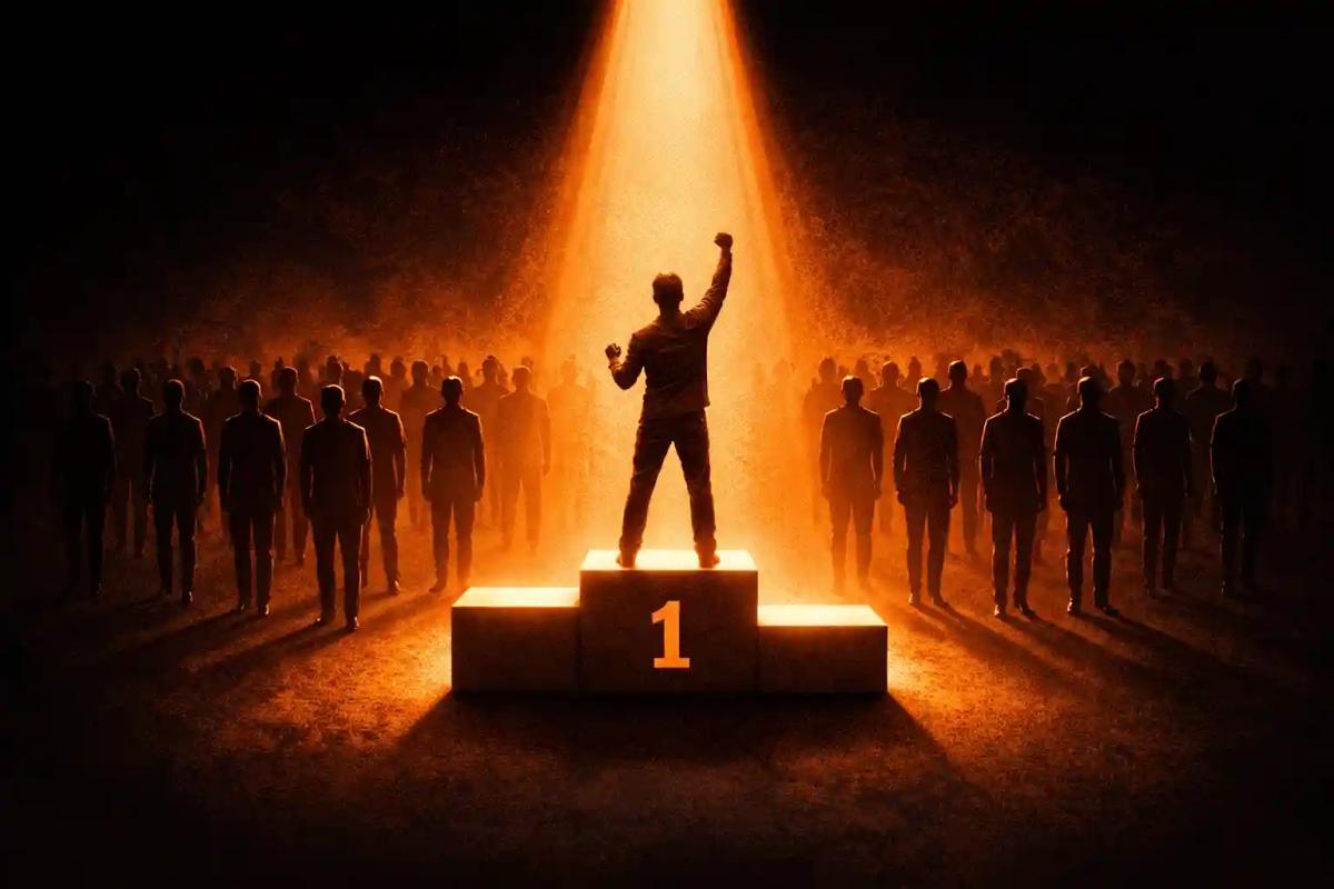 Illustration of survivorship bias in trading showing one spotlighted winner on a podium with dozens of unseen losing traders standing in shadow behind them