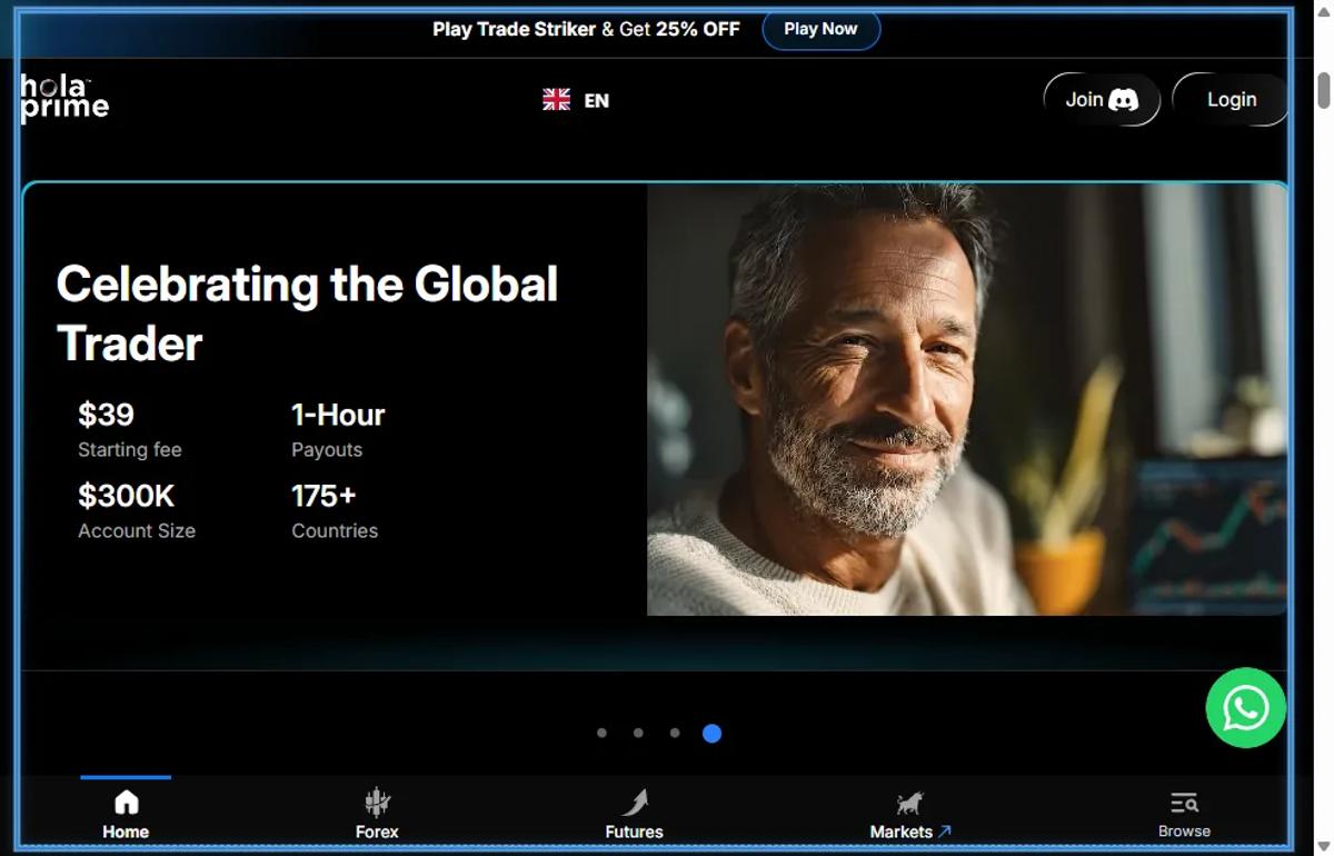 Hola Prime homepage showing 1-hour payout model and transparency features