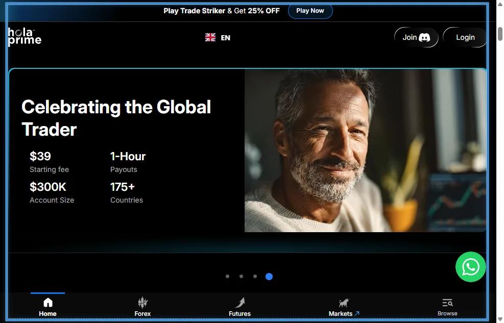 Hola Prime homepage showing 1-hour payout model and transparency features