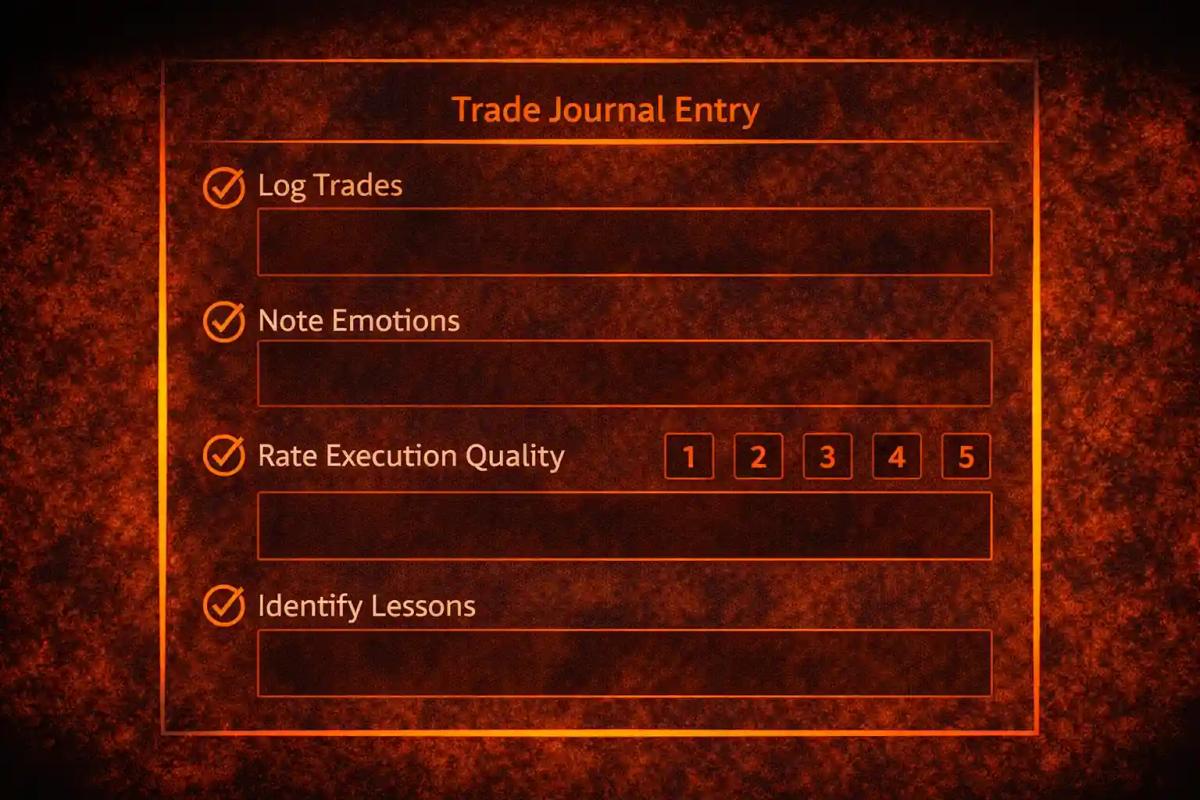 Trade journal entry template showing post-session review checklist with trade log, emotions, and lessons
