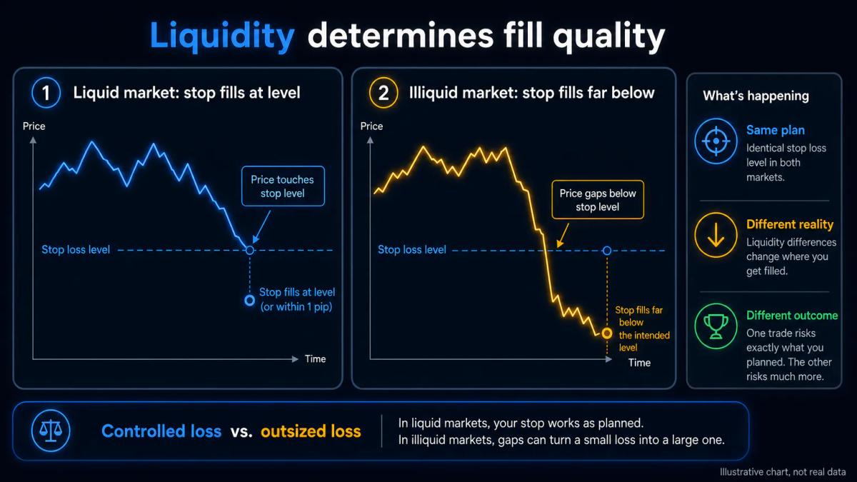 Stop loss order triggering below intended level in illiquid market versus at intended level in liquid market
