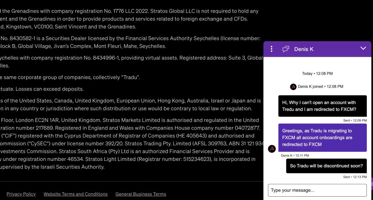 Tradu live chat confirming CFD account migration to FXCM in 2026