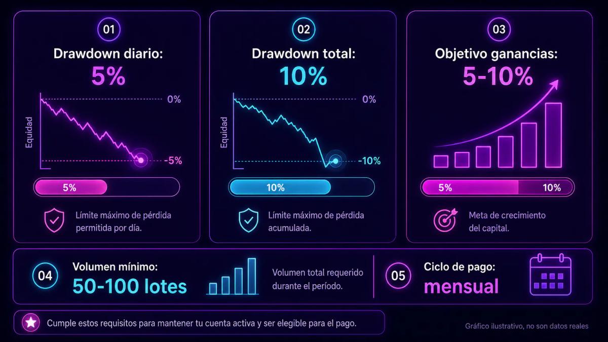 Tabla visual con tres requisitos clave de prop firms: drawdown máximo, objetivo de ganancias y volumen mínimo con rangos típi